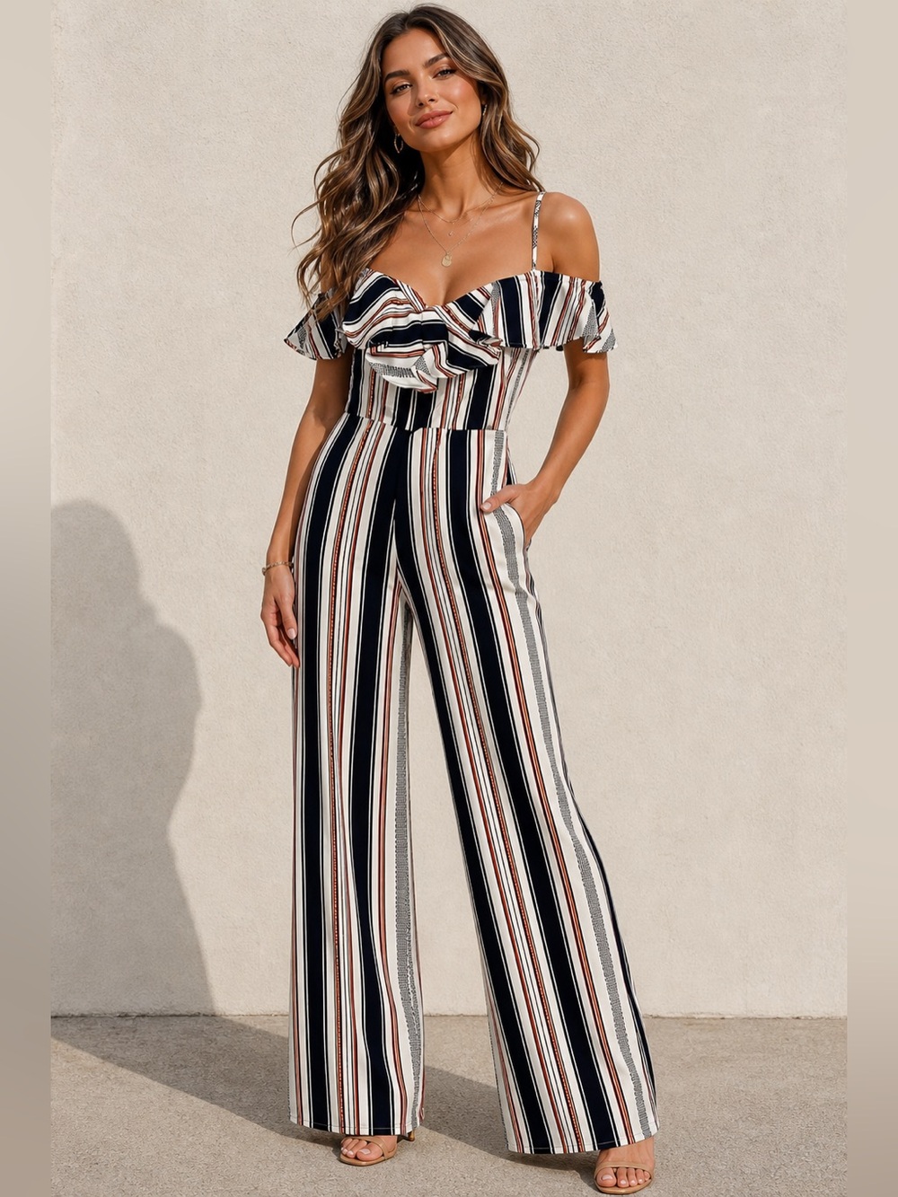 Japna Striped Off -Shoulder Wide Leg Jumpsuit | Boho Chic Summer Sz